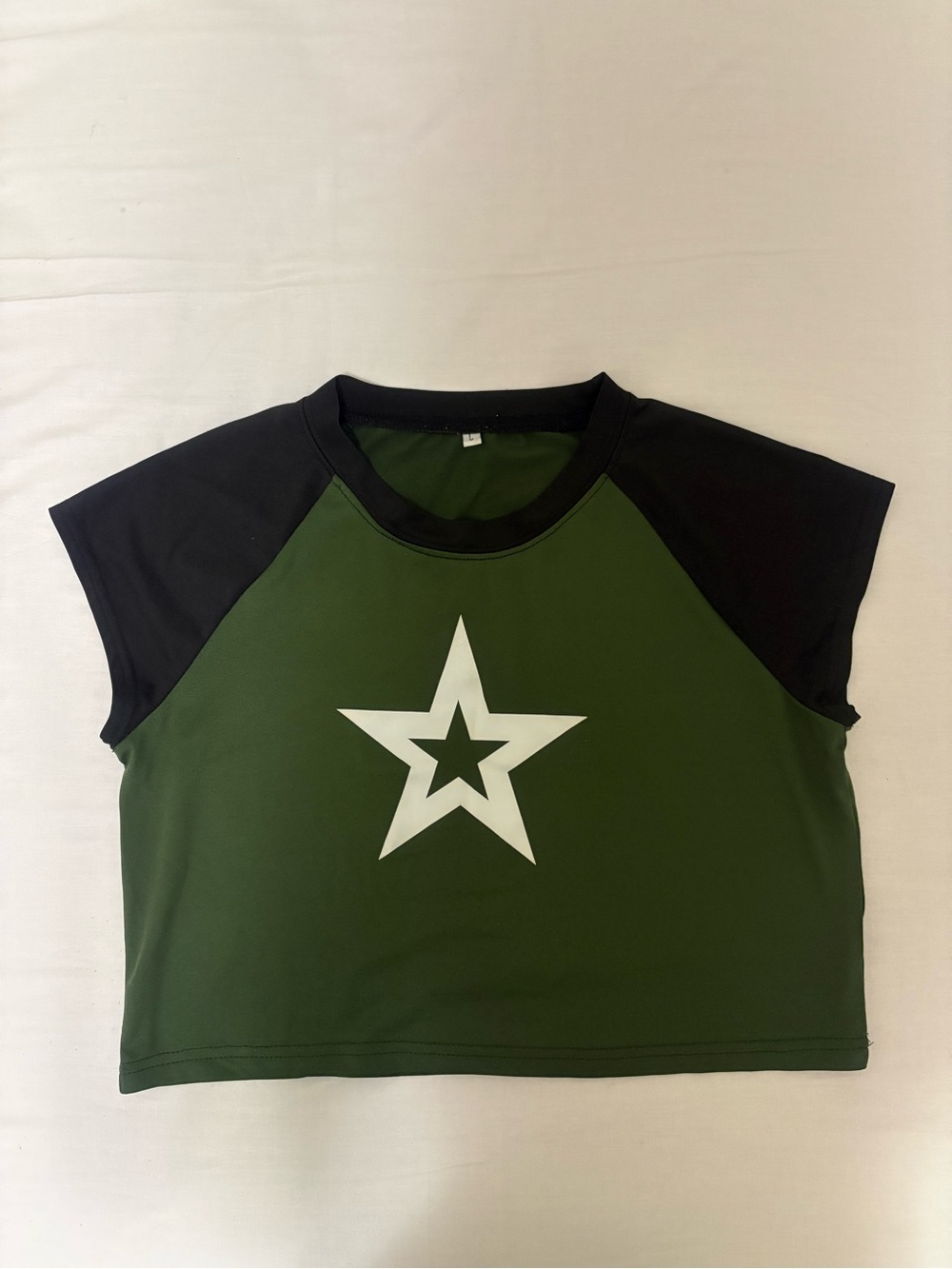 Olive Green Star Crop Top with Black Raglan Sleeves